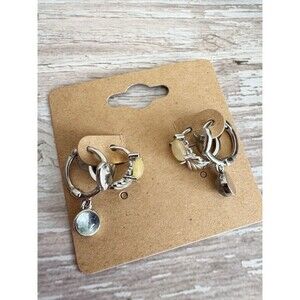 Boho Huggie Hoops Earrings 2 Sets Moonstone Opal Silver Plated Bohemian
